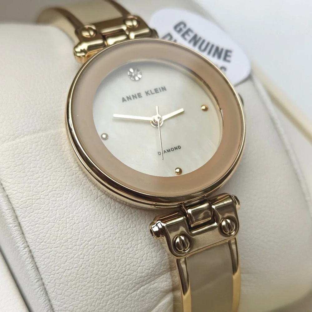 Anne Klein Women Gold Tan Enamel Bangle Watch Genuine Diamond AK-1980TMGB NEW